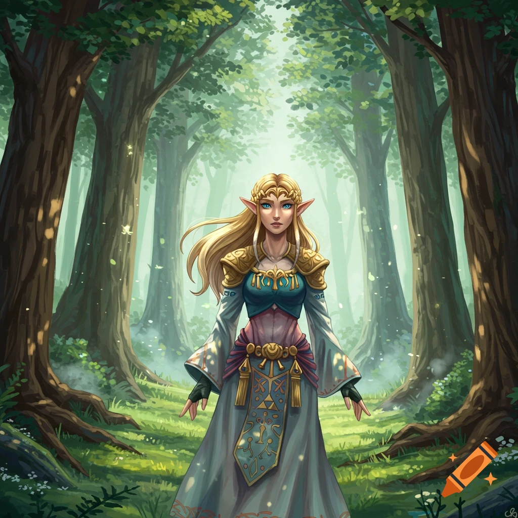 Princess Zelda with long blonde hair stands in a misty, enchanted forest, rendered in a fantasy art style.