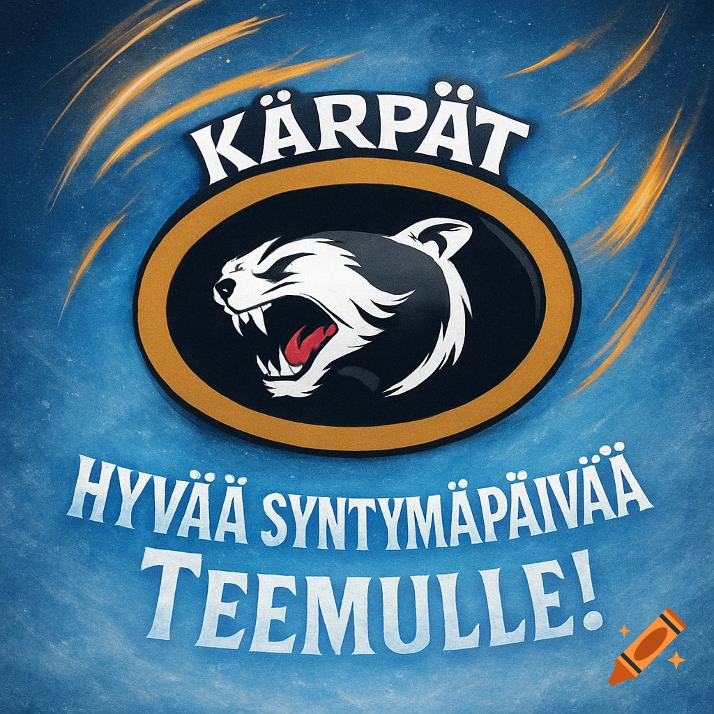 Stylized Kärpät hockey team logo on a blue background with gold streaks, wishing 'Happy Birthday Teemu!' in Finnish.