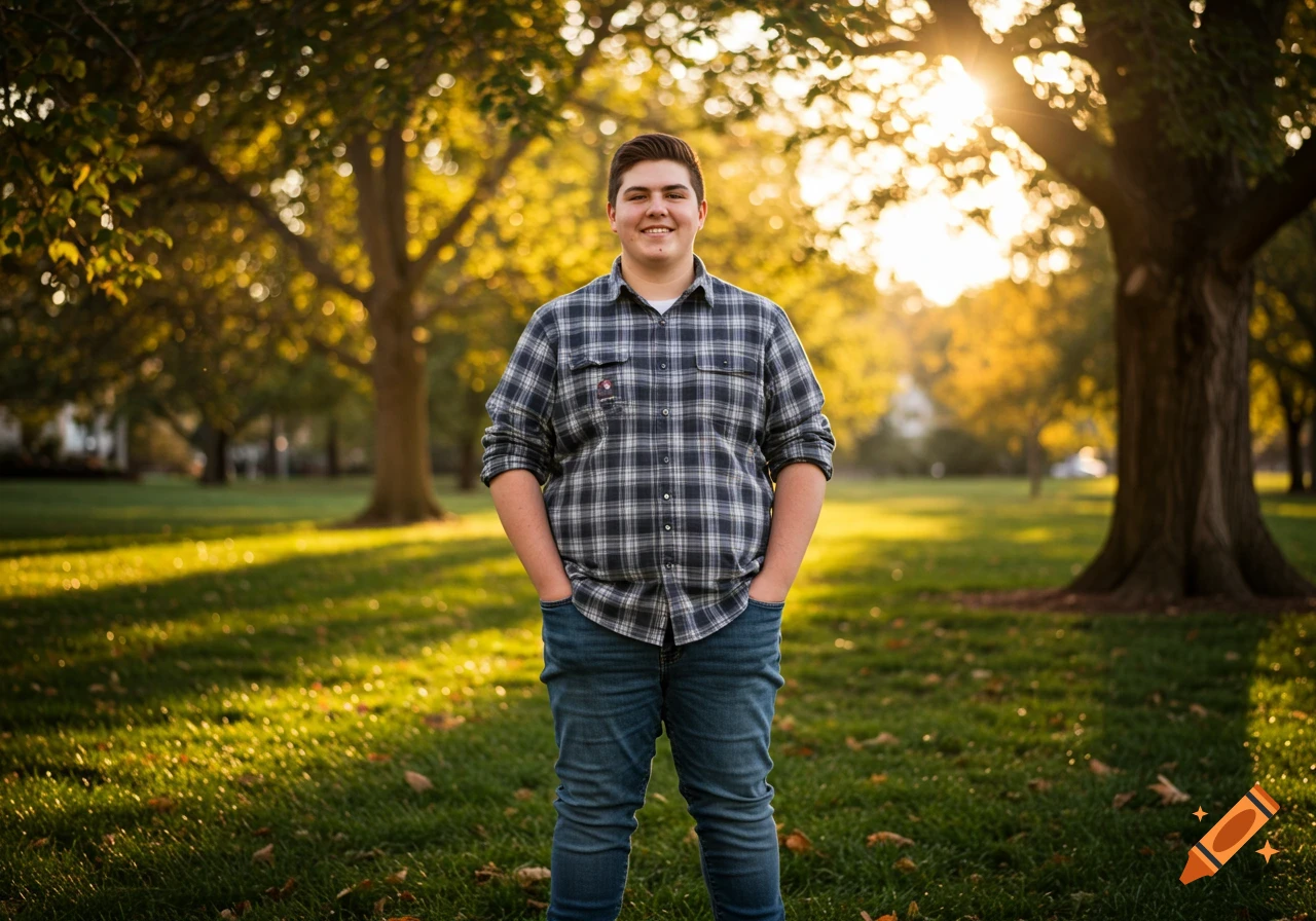 A smiling young man in a plaid shirt and jeans stands in a sunny park with trees.