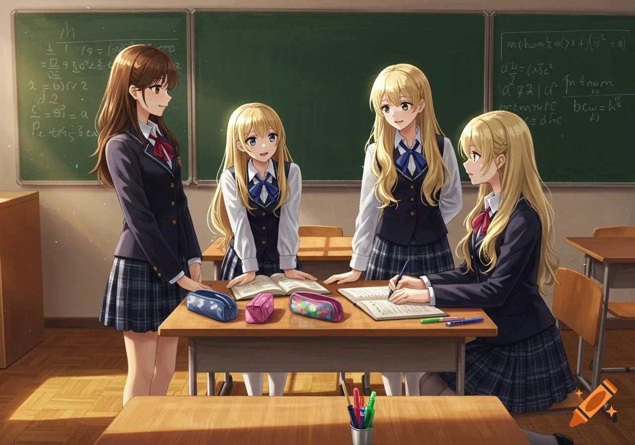 Anime-style schoolgirls in uniform, one with brown hair and three with blonde hair, in a classroom with blackboards.