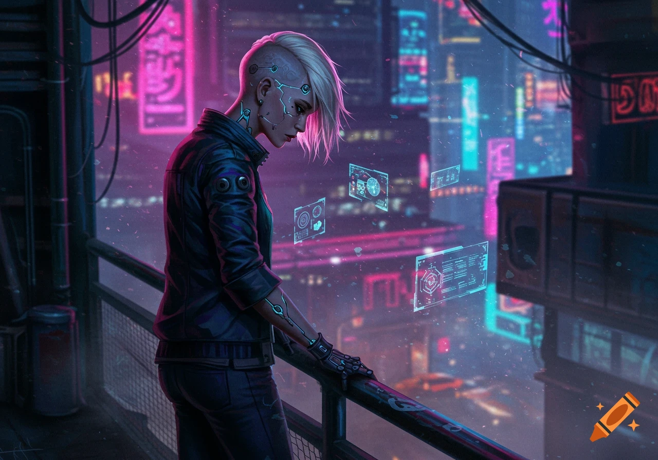 A sad-looking cyberpunk woman with white hair and implants, in a black jacket, stands on a balcony overlooking a neon-lit futuristic city.