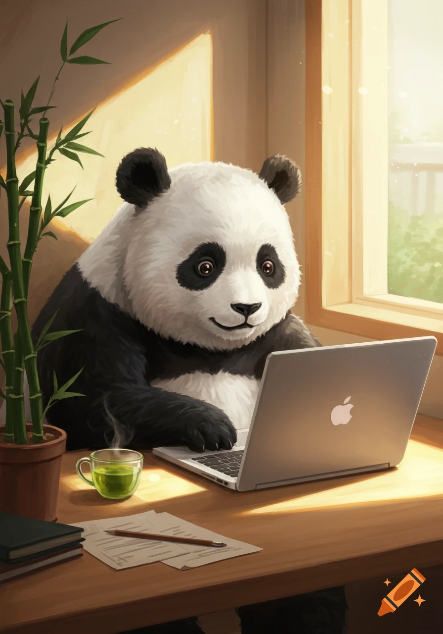 An illustrated panda sits at a desk by a sunlit window, working on a silver laptop with a cup of green tea and bamboo nearby.