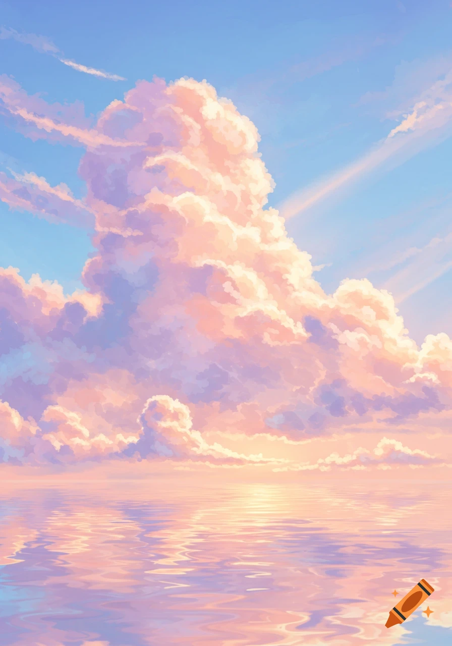 Digital art of a vibrant sky filled with large, fluffy pink and orange clouds reflecting in calm water.