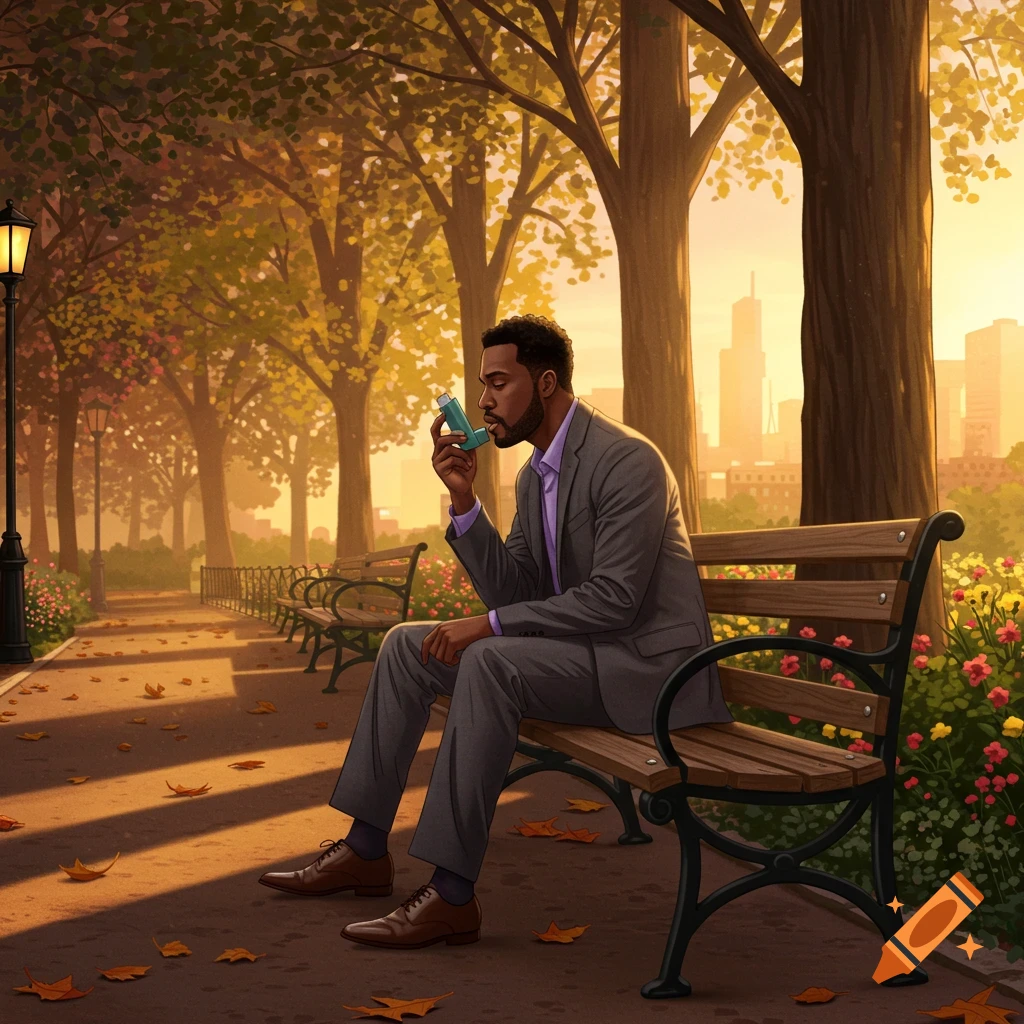 Illustrative painting of a Black man in a suit on a park bench, using an inhaler. Autumn trees and city skyline in the background.