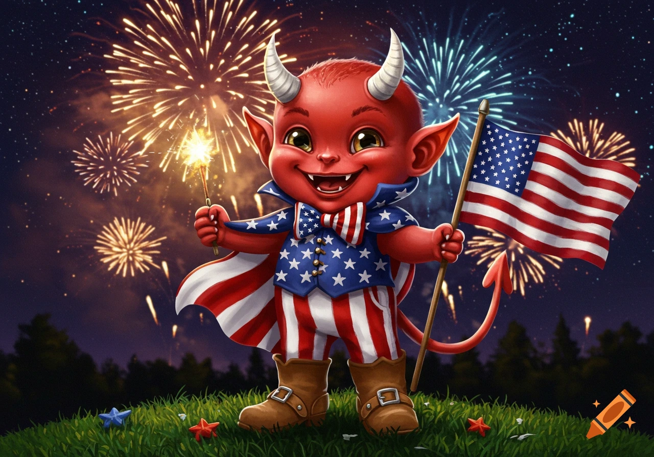 A cute red cartoon devil in patriotic US flag clothing holds a sparkler and an American flag at night with fireworks.