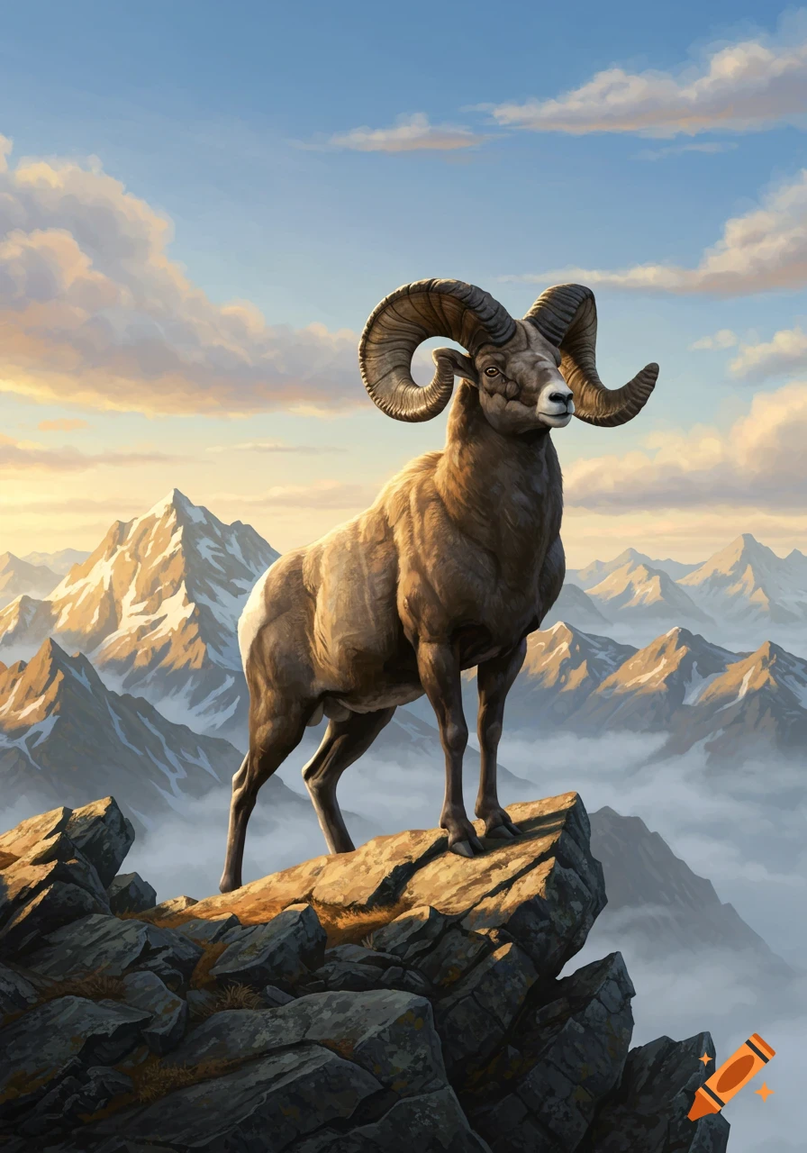 A majestic bighorn ram stands on a rocky mountain peak overlooking a misty valley at sunrise.