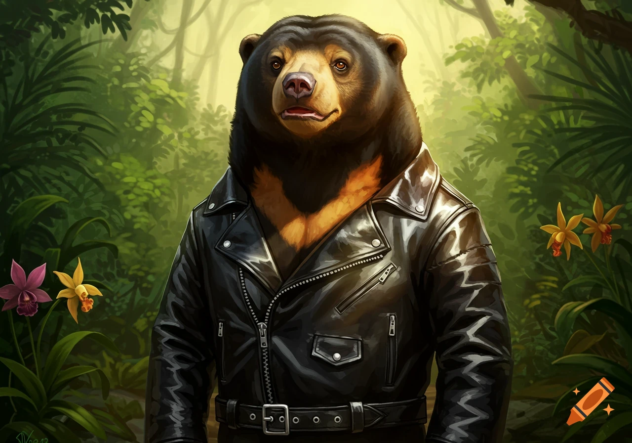 A sun bear in a black leather jacket stands in a lush green jungle with yellow and pink orchids.