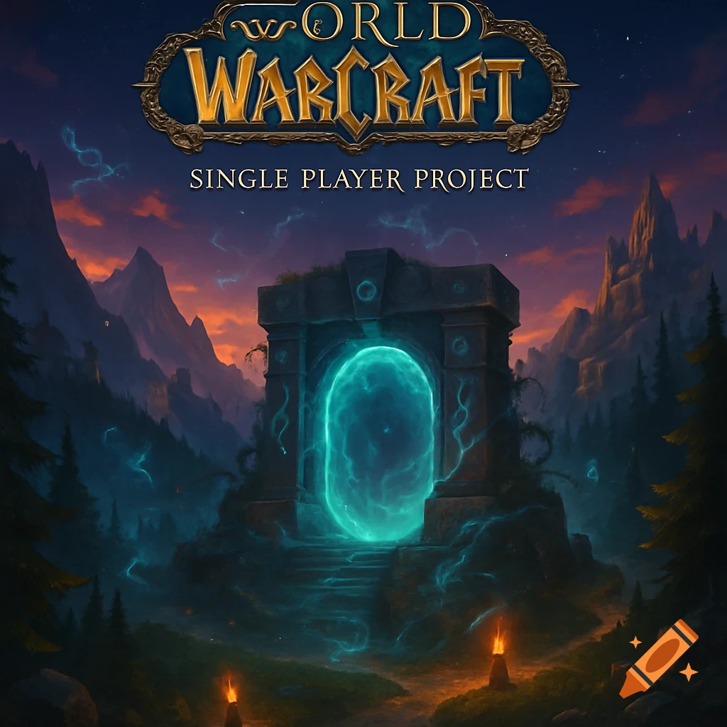 A fantasy landscape with an ancient stone portal glowing blue-green, under an orange-hued sky. 'WORLD OF WARCRAFT SINGLE PLAYER PROJECT' text above.