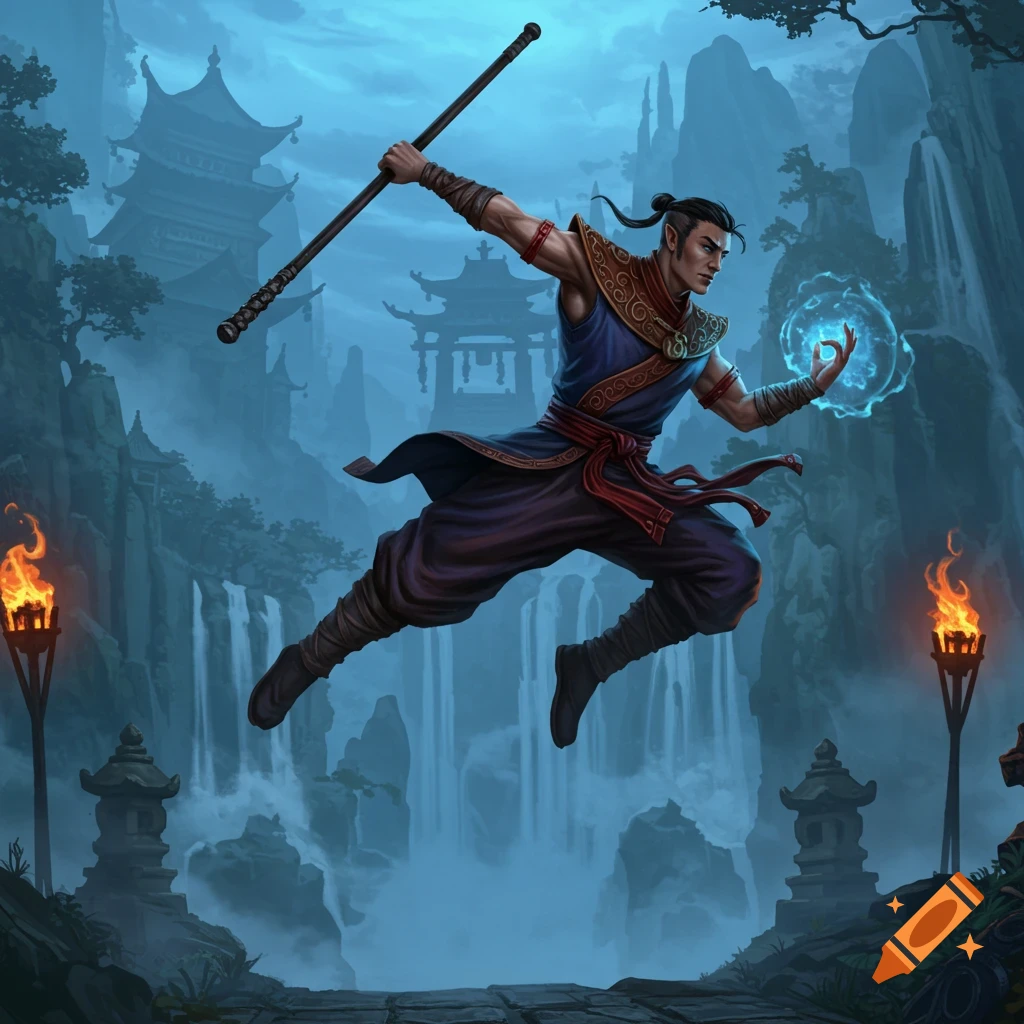 A fantasy male monk in mid-air, holding a staff and casting a blue spell, against a misty background with Asian-style temples and waterfalls.