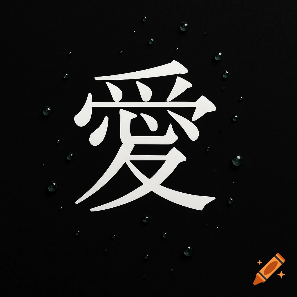A white Japanese character for 'love' (愛) on a black background with dark green water drops.