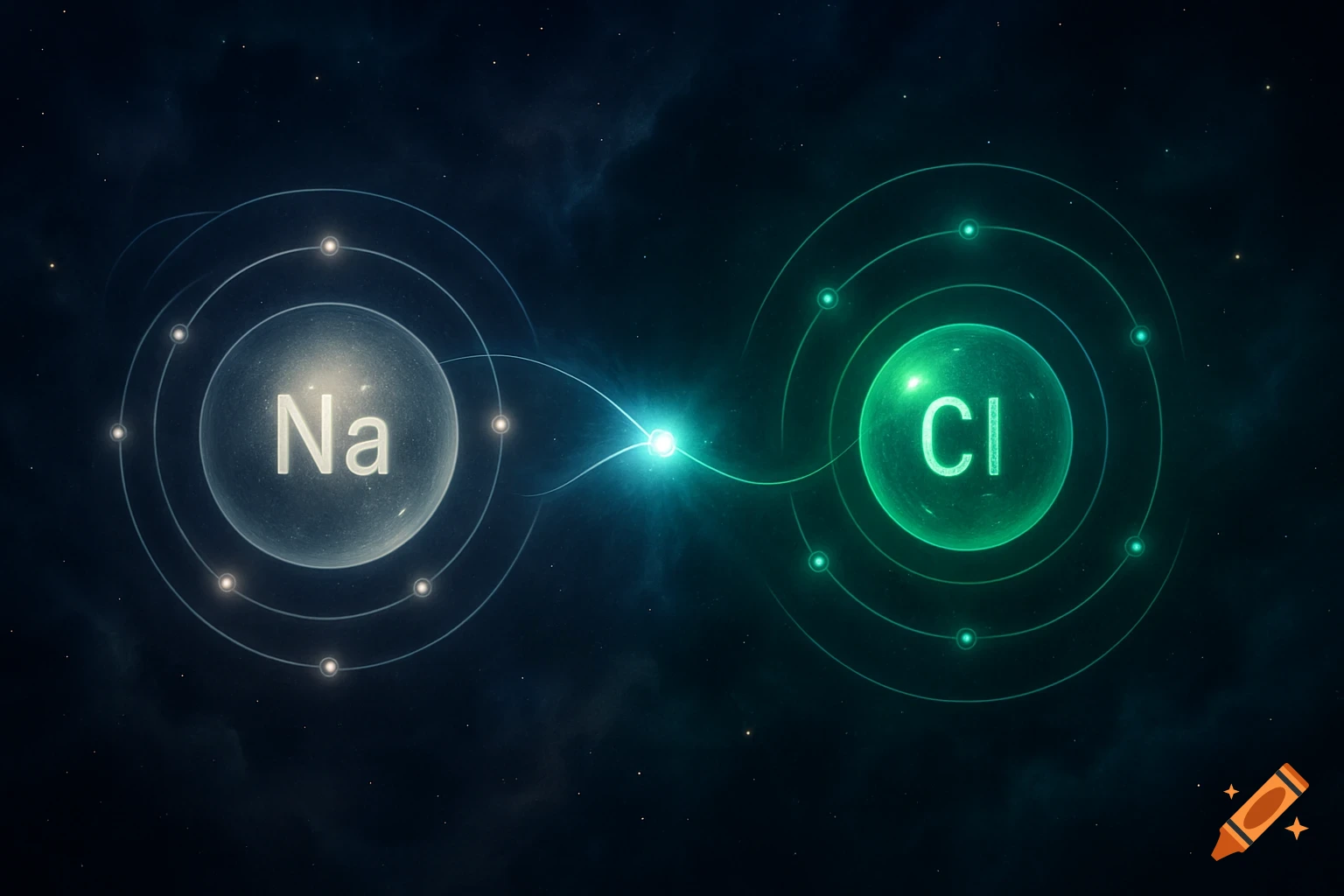 Two glowing atomic models, 'Na' (sodium) and 'Cl' (chlorine), linked by an energy beam against a dark cosmic background.