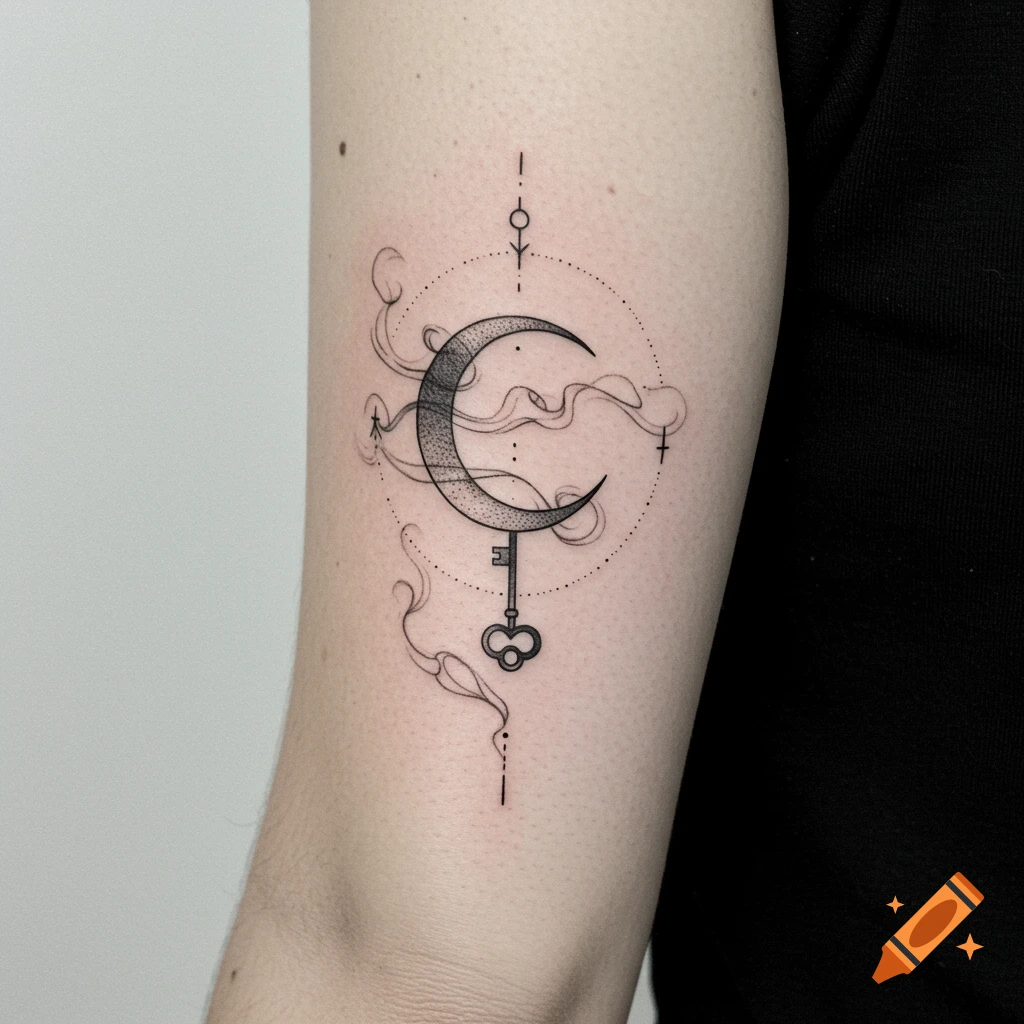 Minimalist fine line tattoo on an arm featuring a crescent moon with a hanging key, surrounded by misty swirls and dotted circles.