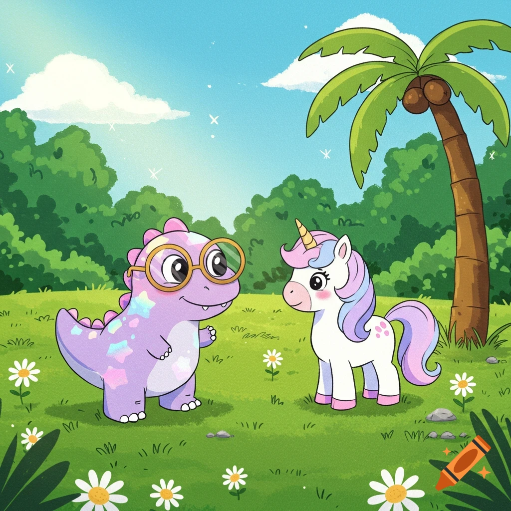 A cute cartoon purple dinosaur with glasses and a white unicorn stand in a sunny grassy field with daisies, trees, and a palm tree.