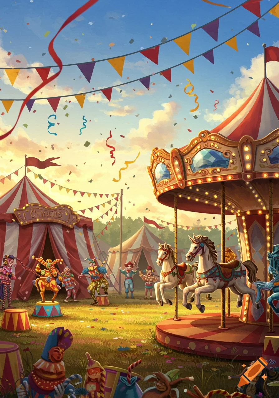 Vibrant illustration of a bustling circus with red-striped tents, a carousel, jesters, and confetti under a sunny sky.