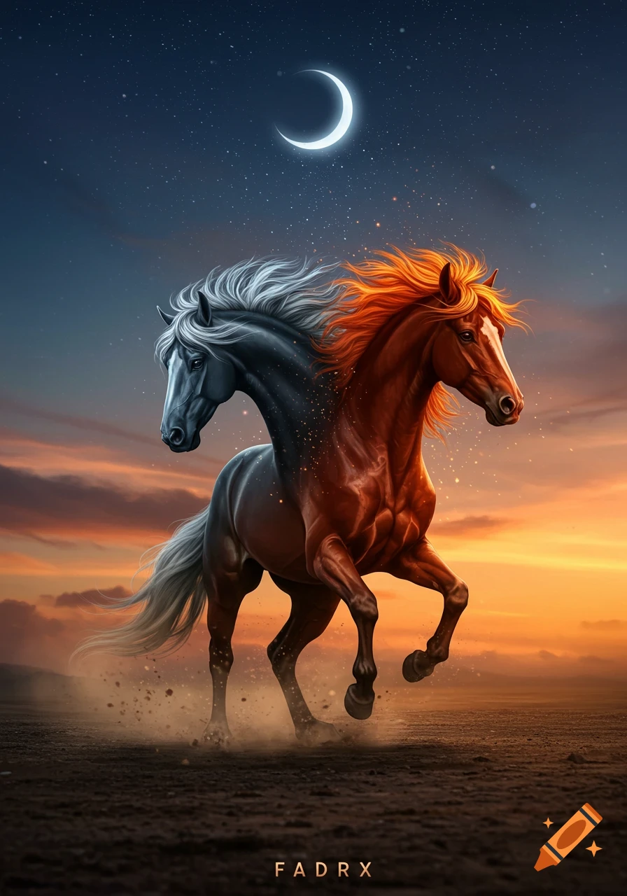A two-headed horse, half dark with silver mane and half brown with orange mane, stands under a crescent moon in a starry twilight sky.