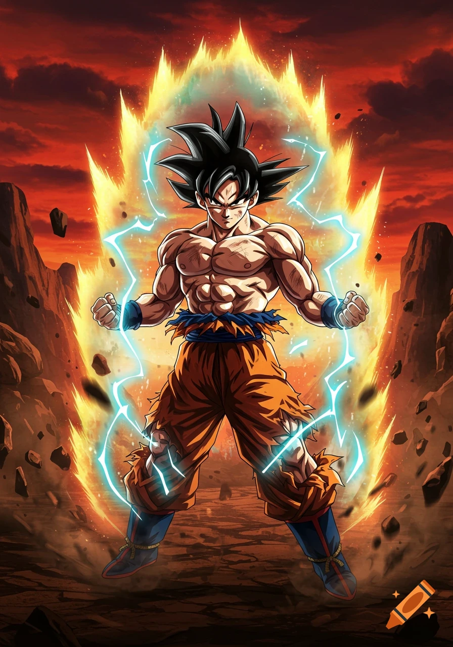 Goku powering up with a fiery aura and blue electricity in a desolate, rocky landscape under an orange sky, anime style.