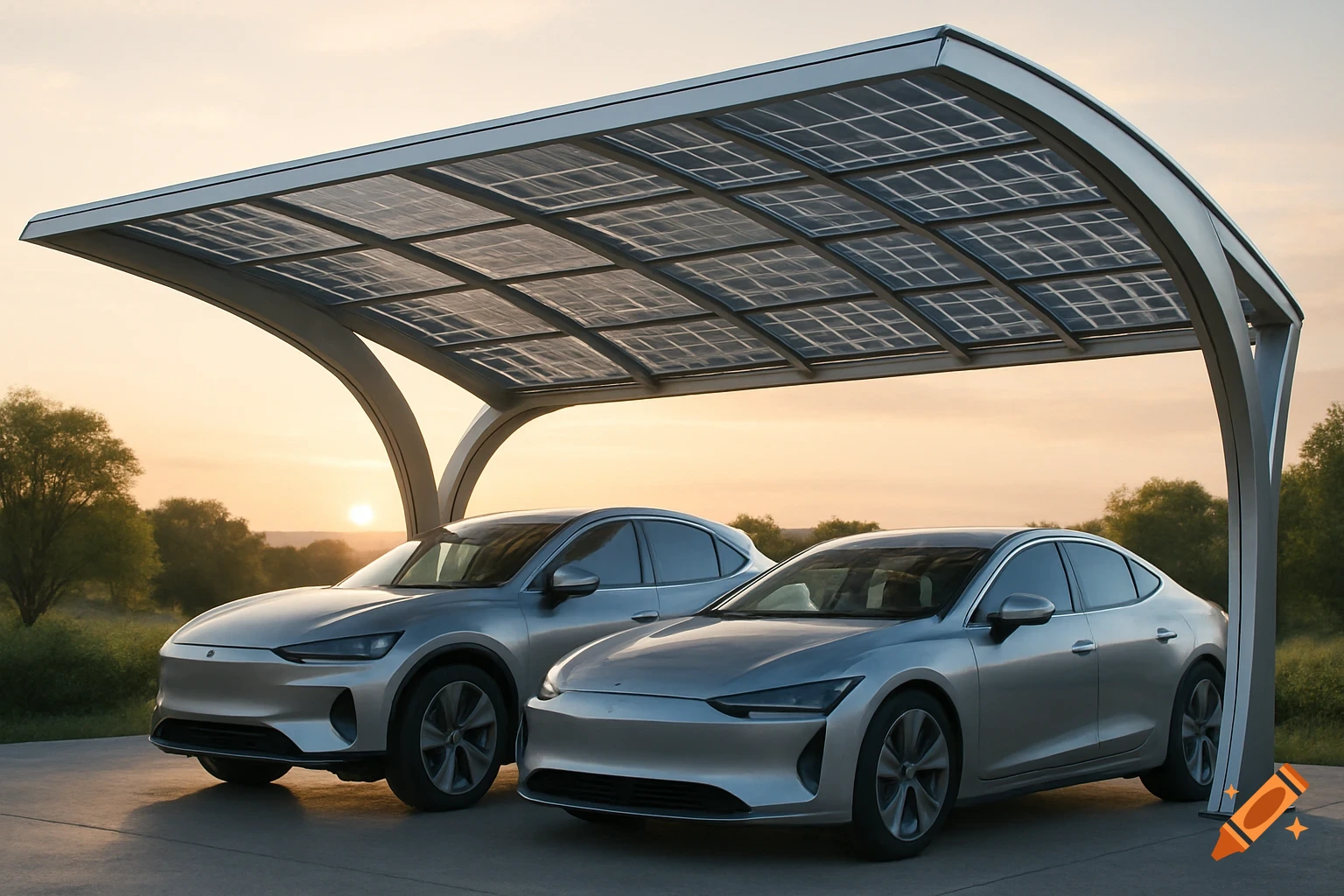 Two silver electric cars parked under a modern aluminum carport with solar panels at sunset, set against a green landscape.