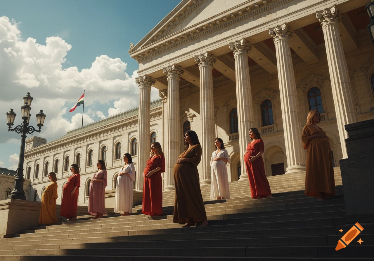 Photorealistic image of multiple pregnant women standing on the grand steps of a classical parliament building under a blue sky.