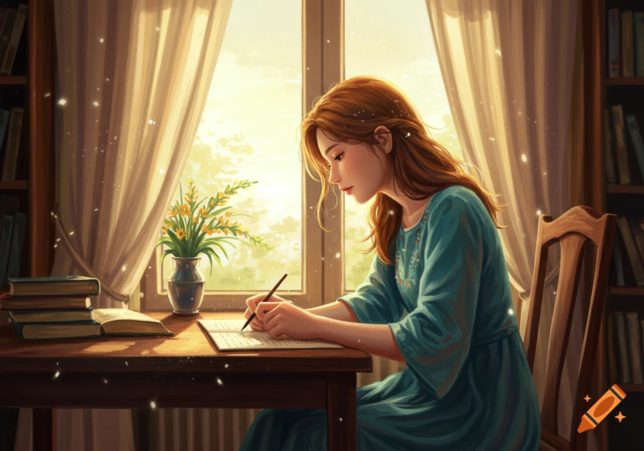 A young woman in a teal dress writes in a notebook at a sunlit wooden desk by a window, with books and flowers nearby, in a warm digital illustration.