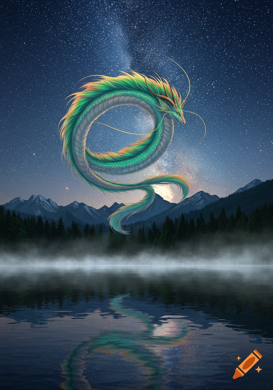 A colorful, serpentine dragon floats above a misty lake at night, with mountains and a starry sky in the background.