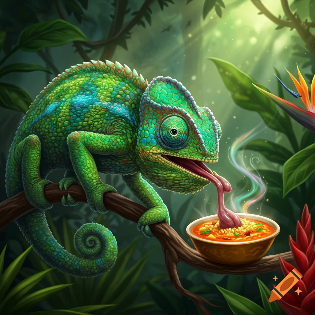 A vibrant green and blue chameleon on a jungle branch, extending its tongue to eat a steaming bowl of curry.