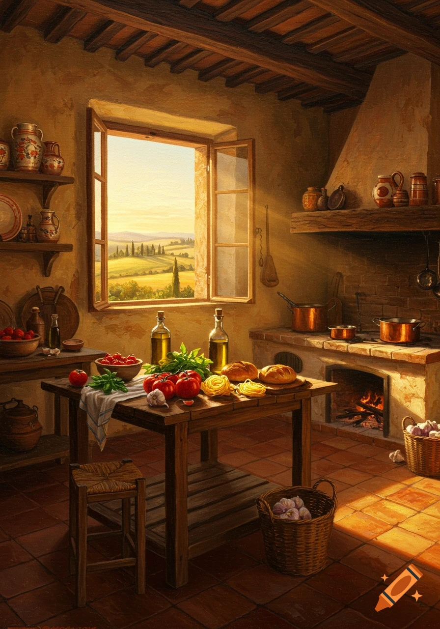 Rustic Italian kitchen painting: sunlit wooden table with fresh food, window view of a Tuscan landscape.