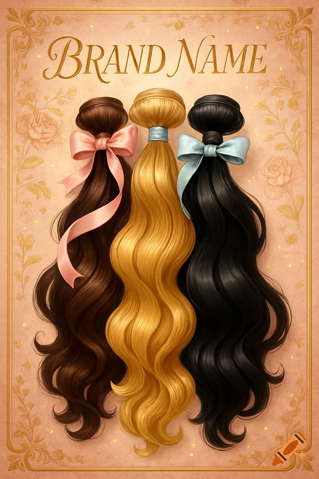 Three wavy hair bundles (brown, blonde, black) with ribbons, on a peach background with 'BRAND NAME' title, luxurious illustration.