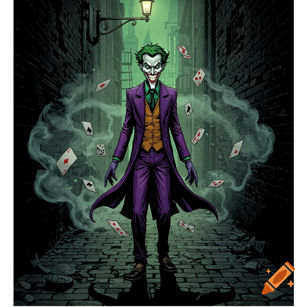 The Joker grins, standing in a dark alley with smoke and floating playing cards in a comic book illustration.