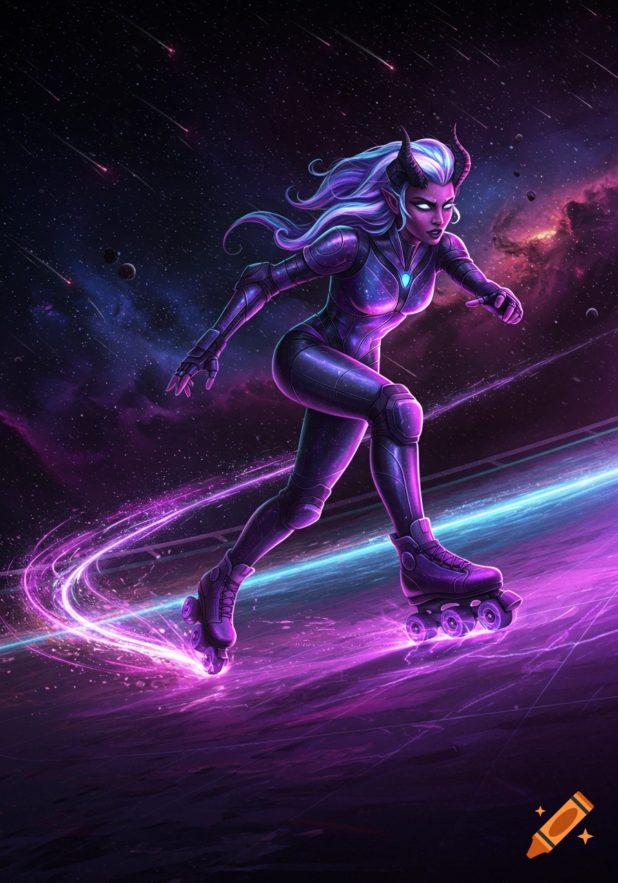 A female demon-like character with white hair and horns rollerblades through a vibrant purple and blue galaxy with streaks of light.