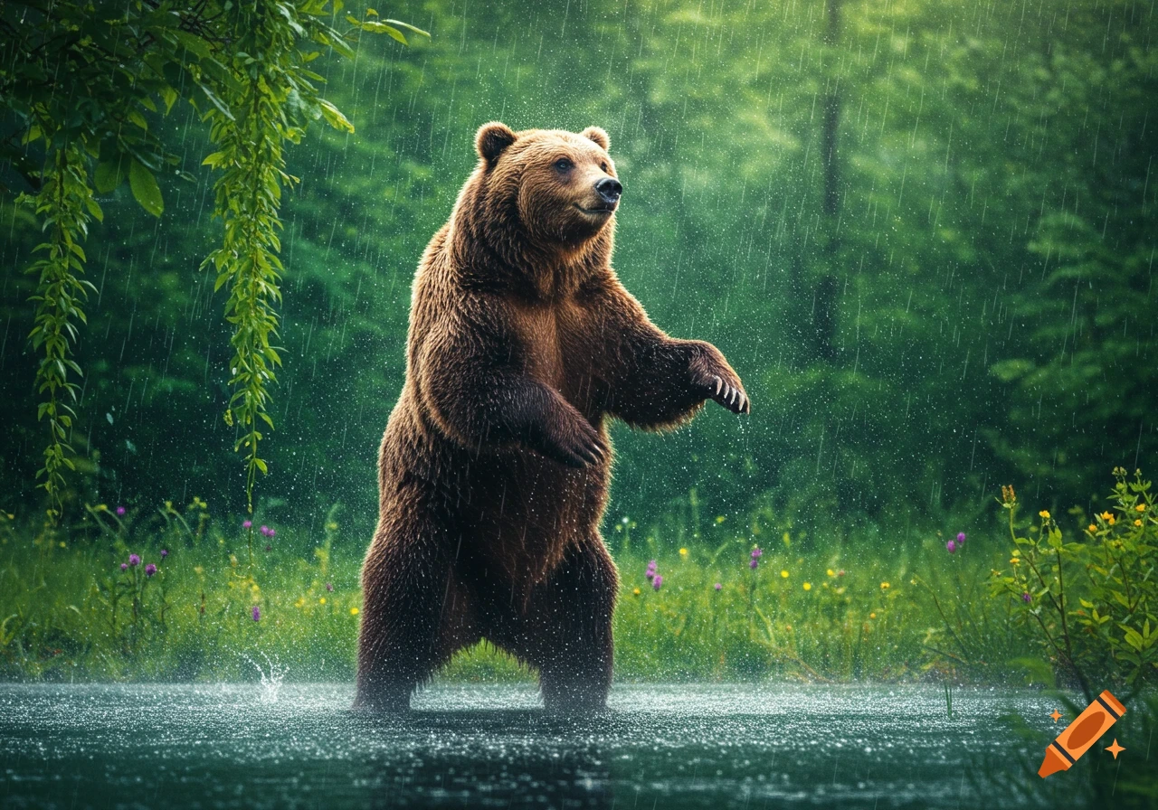 A photorealistic big brown bear stands on its hind legs in a lush green forest, looking up at the heavy rain falling.