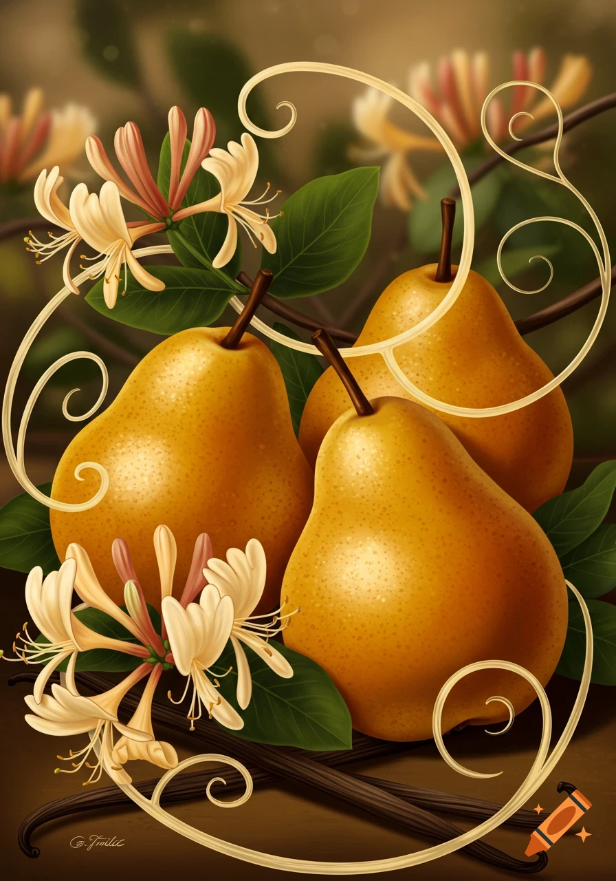 Illustrative still life with three golden pears, light honeysuckle flowers, and dark vanilla beans against a soft, dark background.