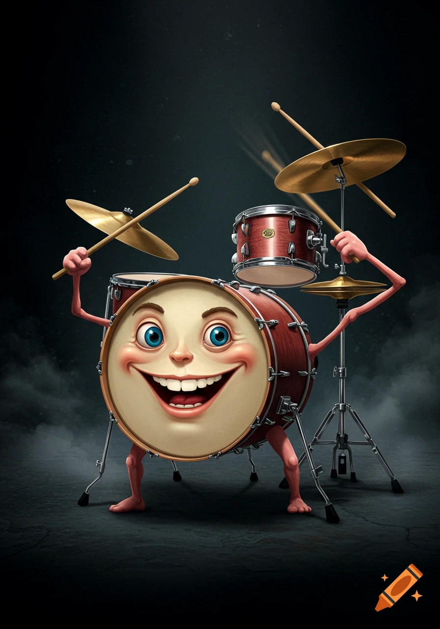 A smiling, anthropomorphic drum kit with a cartoon face, arms holding drumsticks, and legs, against a dark background.