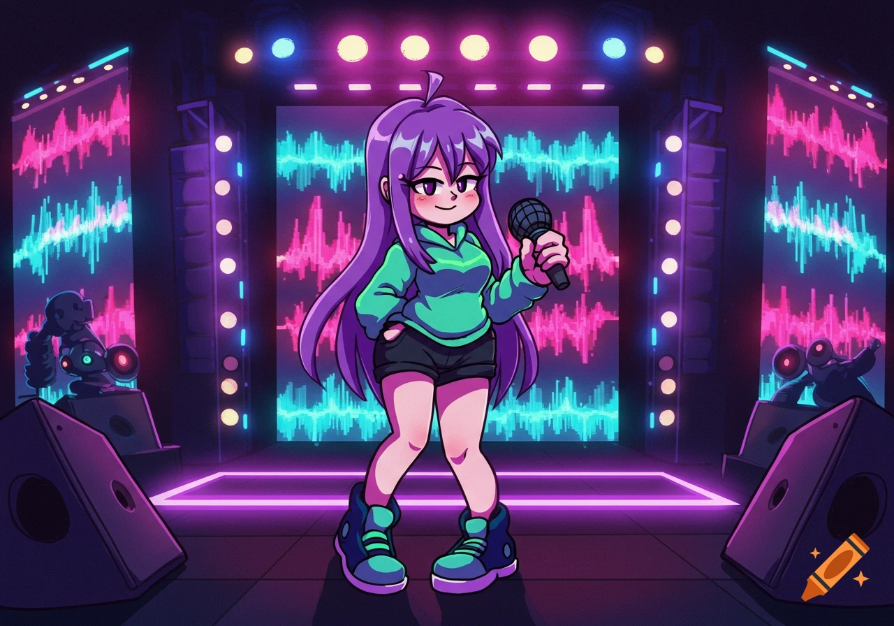 An anime girl with long purple hair, wearing a green hoodie and shorts, holding a microphone on a neon-lit stage with sound wave screens.