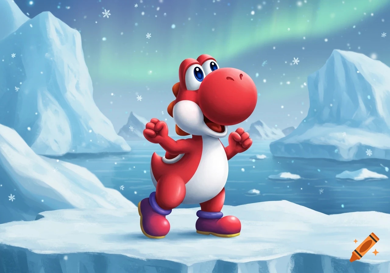 A smiling red Yoshi poses on an icy platform, surrounded by icebergs and a shimmering aurora in an arctic setting.