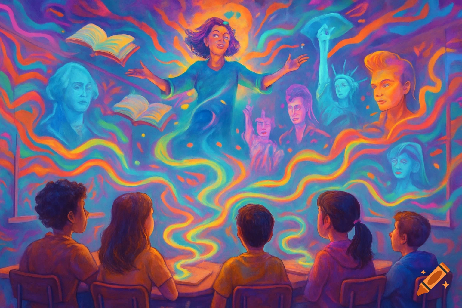 Students view a vibrant, surreal projection of a teacher, historical figures, books, and pop culture icons in a social studies classroom, painted in bright, swirling colors.