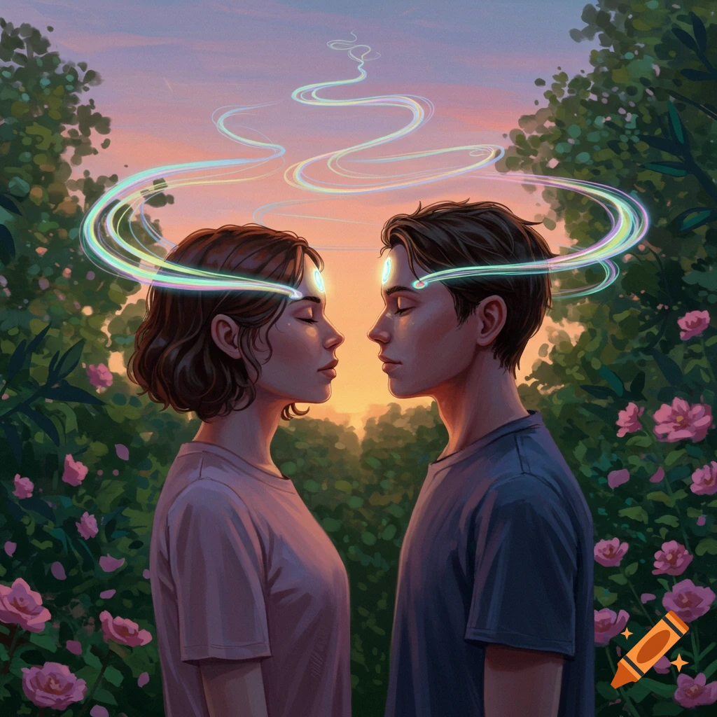 Two people in a sunset garden, eyes closed, connected by swirling mystical lights from their foreheads. Digital painting.