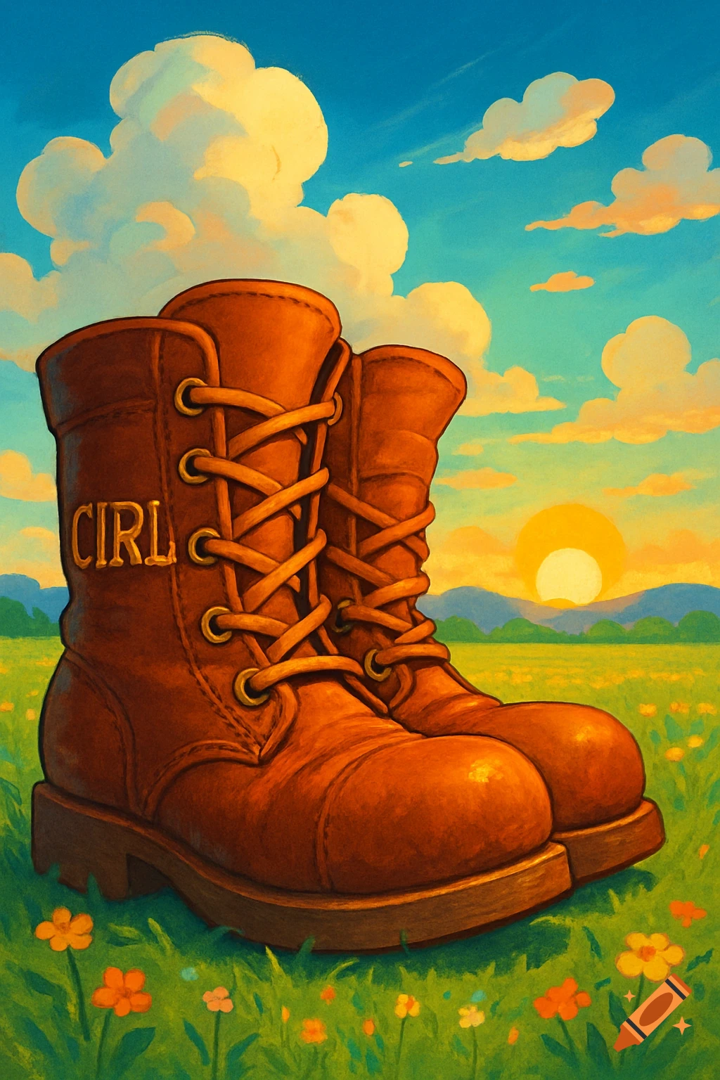 A vibrant illustration of a pair of large brown boots standing in a green field with small flowers, under a blue sky with clouds and a rising sun.