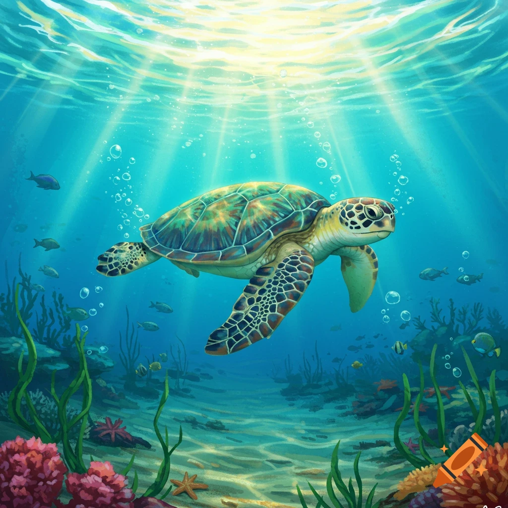 A vibrant illustration of a sea turtle swimming gracefully in a sunlit ocean, surrounded by coral and small fish.
