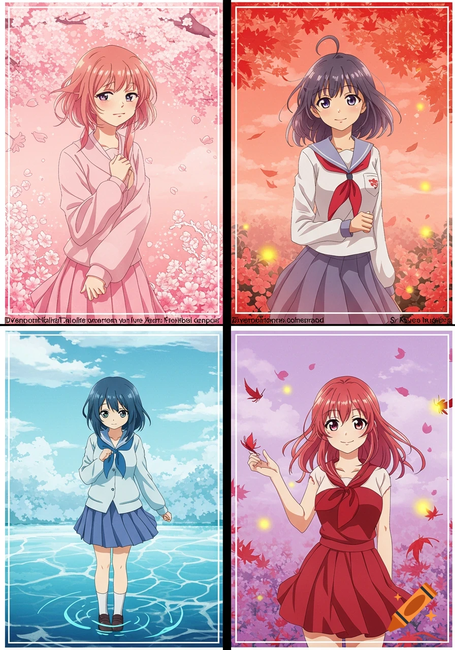 Four anime-style schoolgirls depicted in split panels, each with a different color theme and seasonal background: pink cherry blossoms, red autumn leaves, blue water, and a purple sky with falling red leaves.