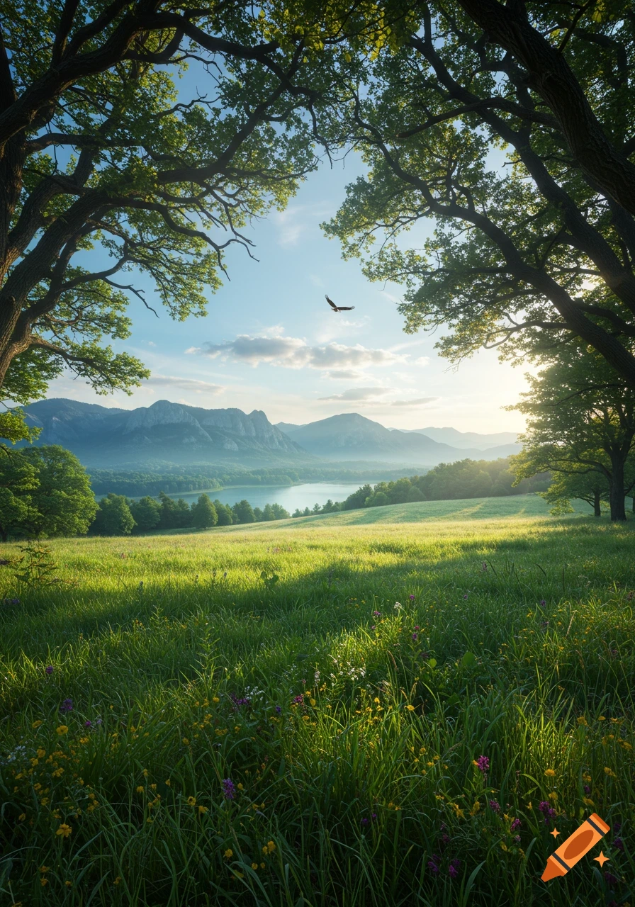 A sunny, green field with wildflowers leads to a calm lake and distant mountains, framed by large trees under a clear sky with a bird flying.