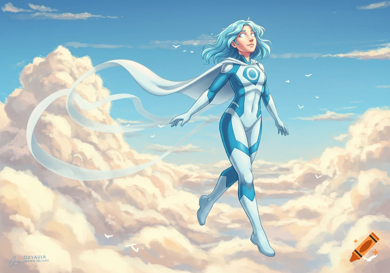 A blue-haired superhero girl in a white and blue suit and cape flies gracefully through a cloudy blue sky.