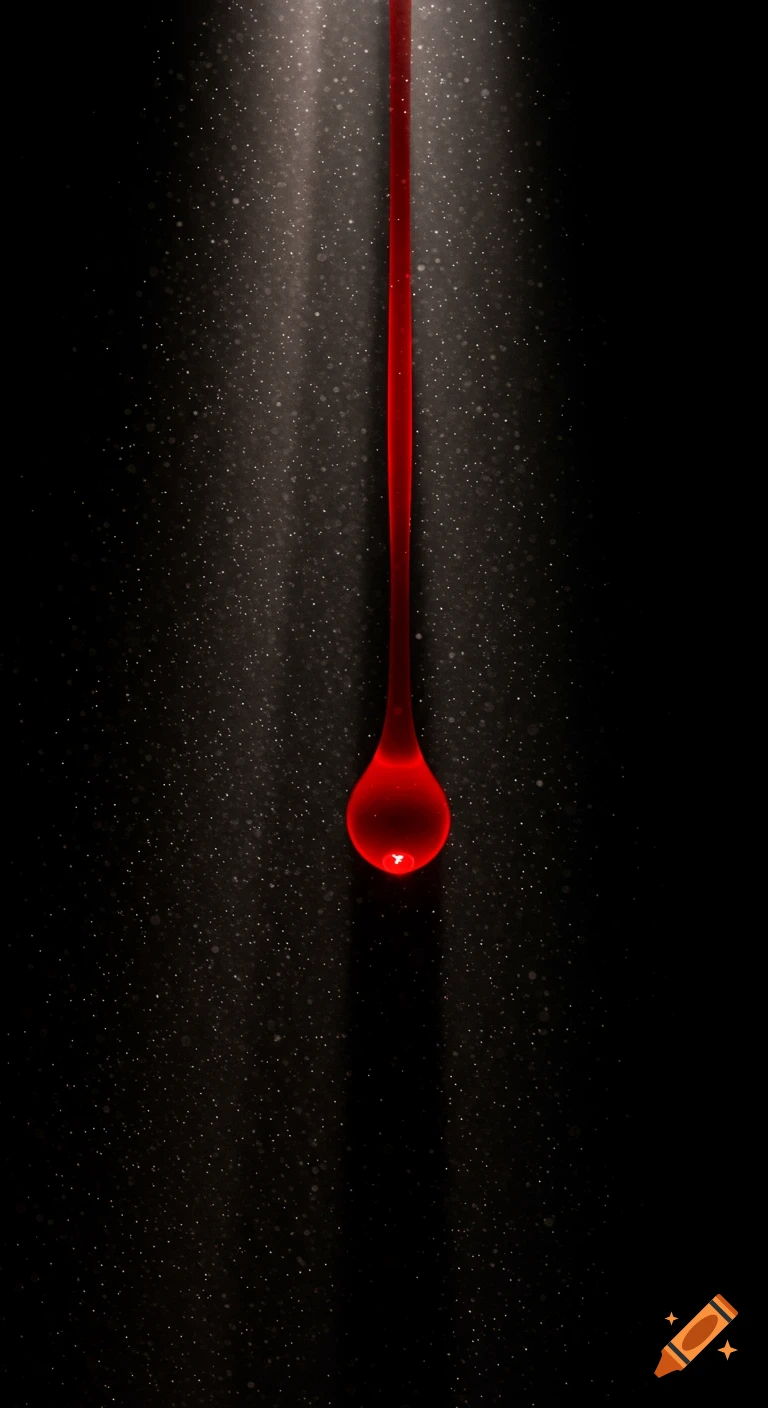 Hyper-detailed cinematic macro shot of a single red liquid drop falling through dusty light beams against a dark background.
