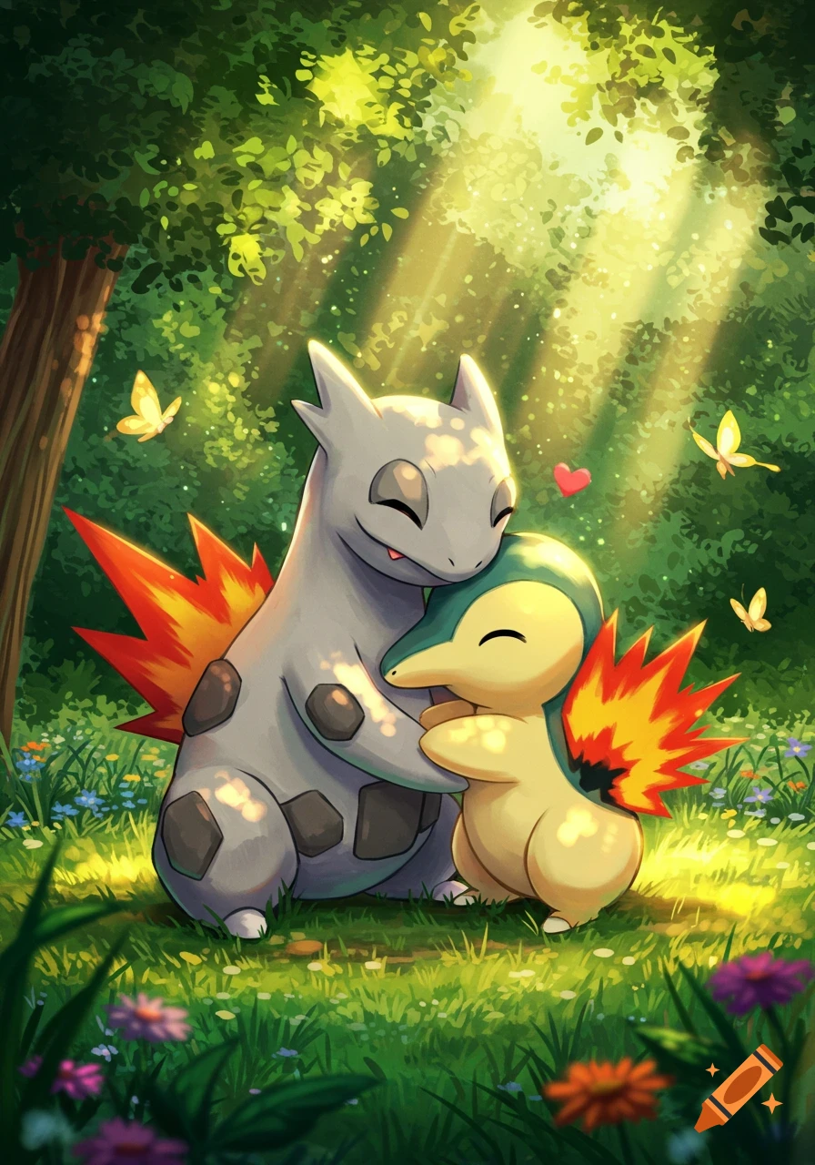 An illustration of Cyndaquil and Larvitar hugging affectionately in a sun-dappled green forest, with butterflies fluttering around.