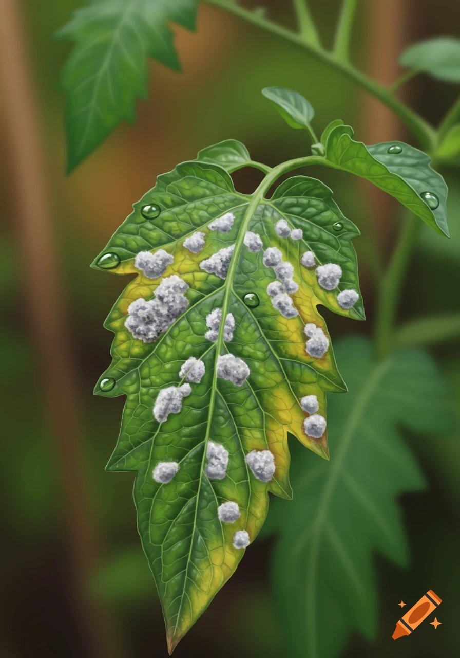 Close-up of a green and yellow tomato leaf with white powdery mildew and water droplets, in a photorealistic style.