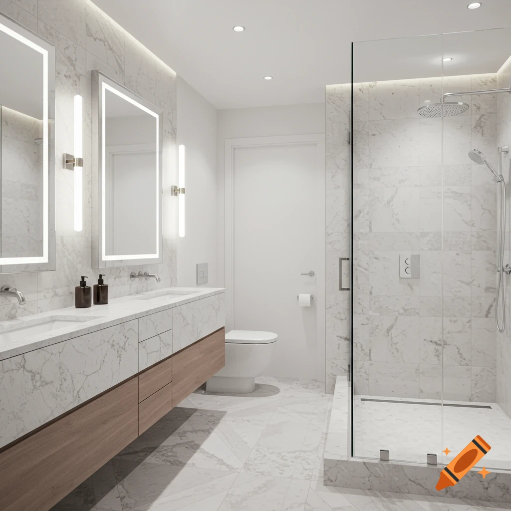 Photorealistic modern bathroom with double marble vanity, LED mirrors, and a glass walk-in shower.