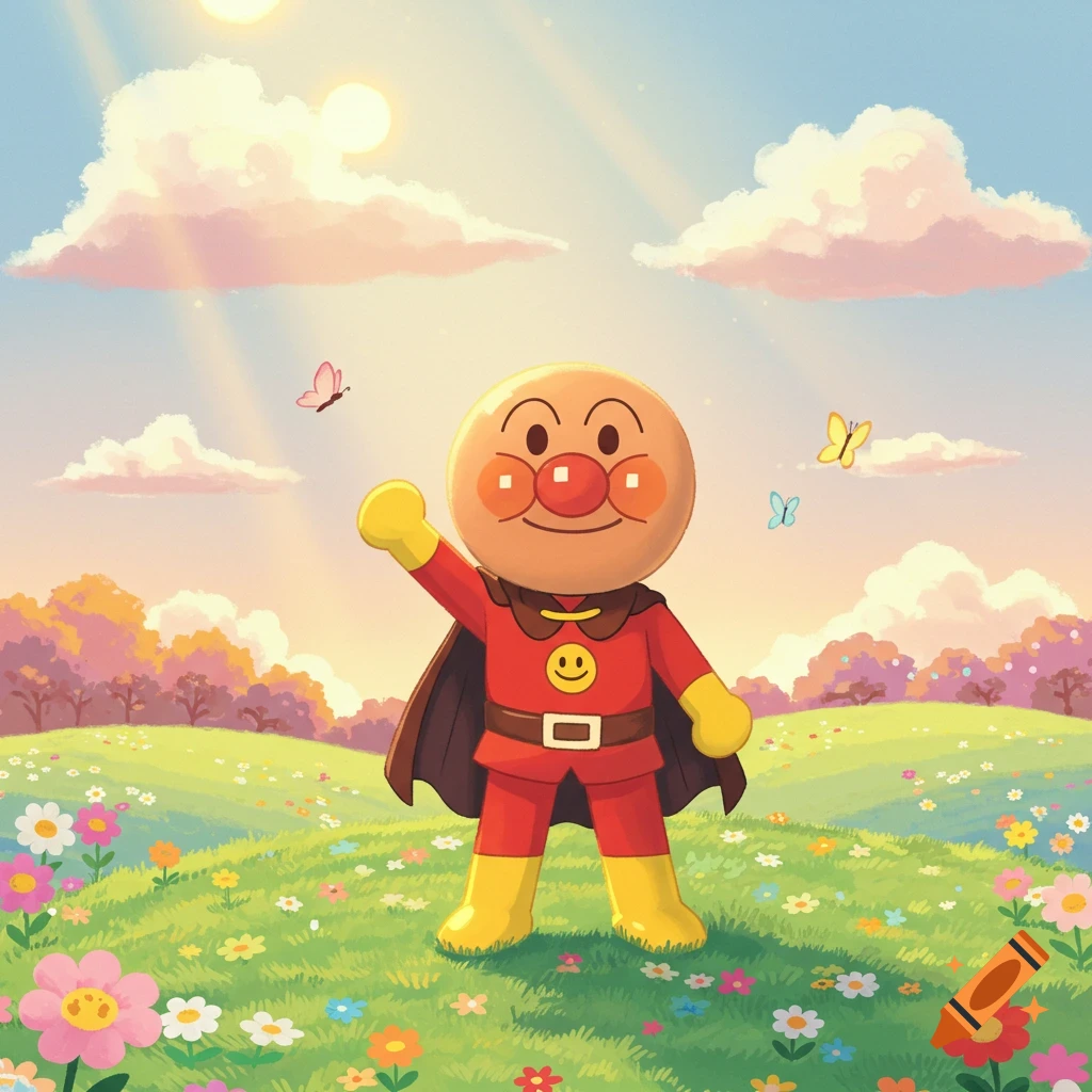 Anpanman, a cartoon superhero, stands in a vibrant, flower-filled meadow under a sunny sky with butterflies.