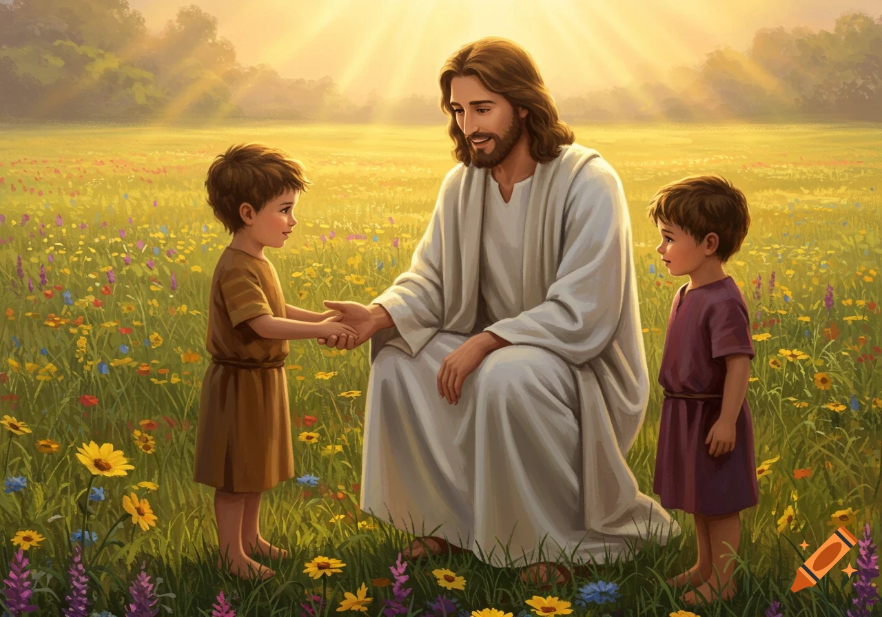Illustration of Jesus in a field of wildflowers with two young boys, one holding his hand.
