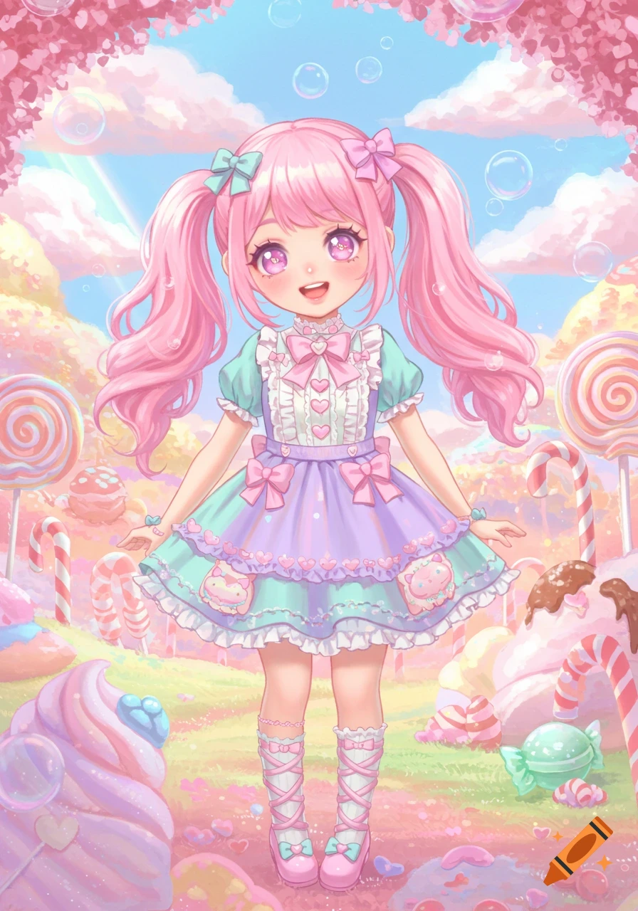 A kawaii anime girl with pink pigtails and a pastel dress smiles in a vibrant candy land with lollipops and sweets, drawn in a cute style.