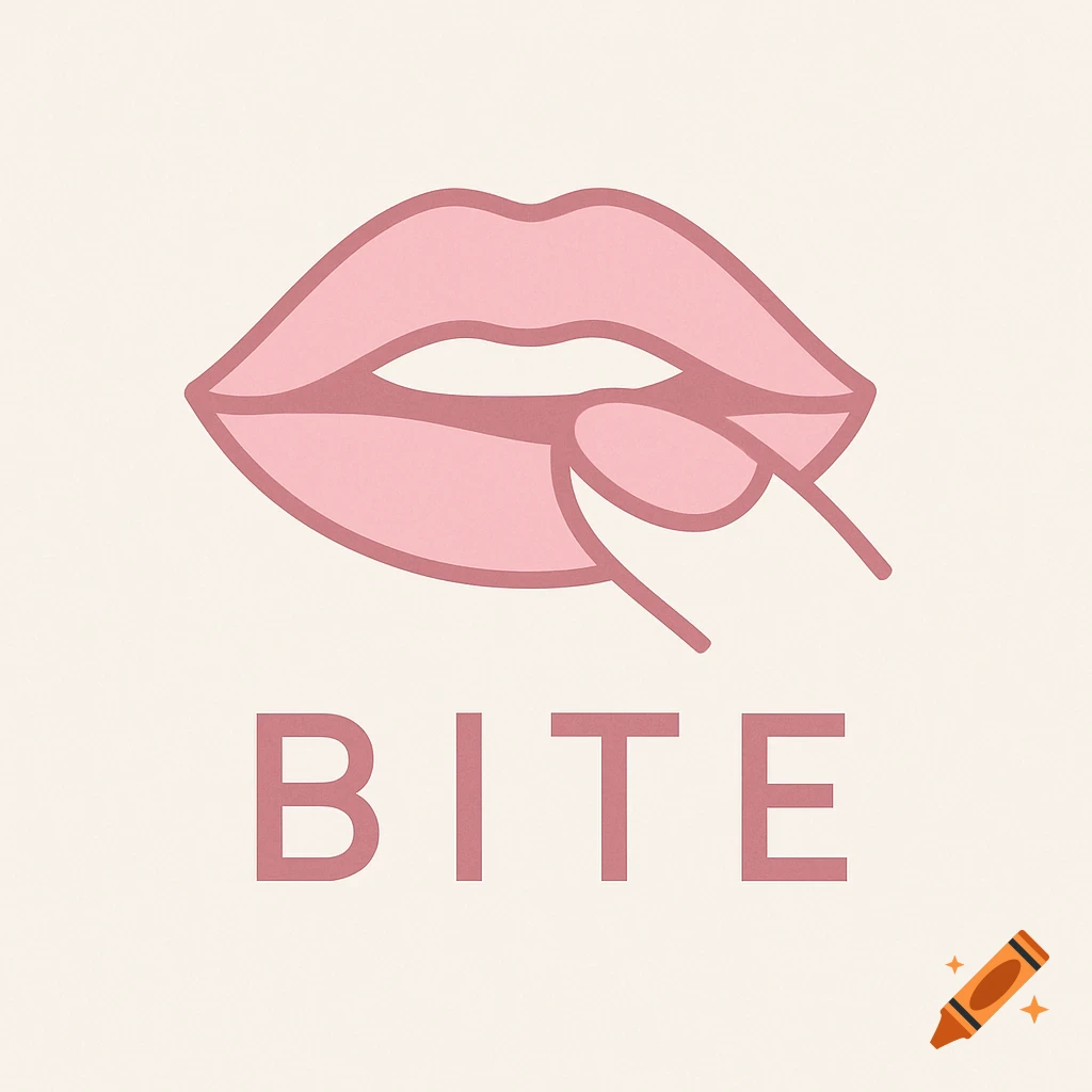 Minimalist pink logo of lips biting a finger, with the word BITE below.