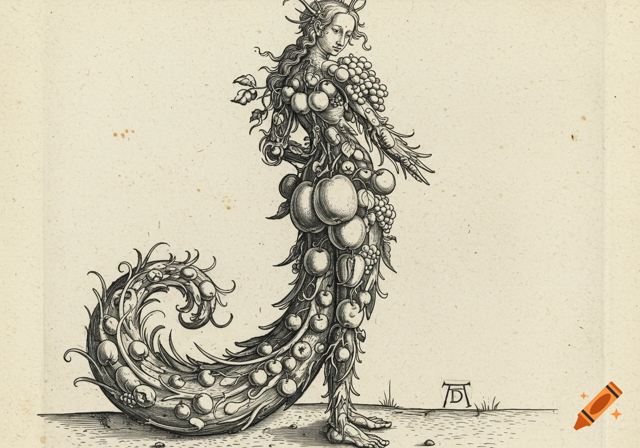 A black and white engraving of a mythological woman with a body made of fruits and leaves, and a swirling tail.